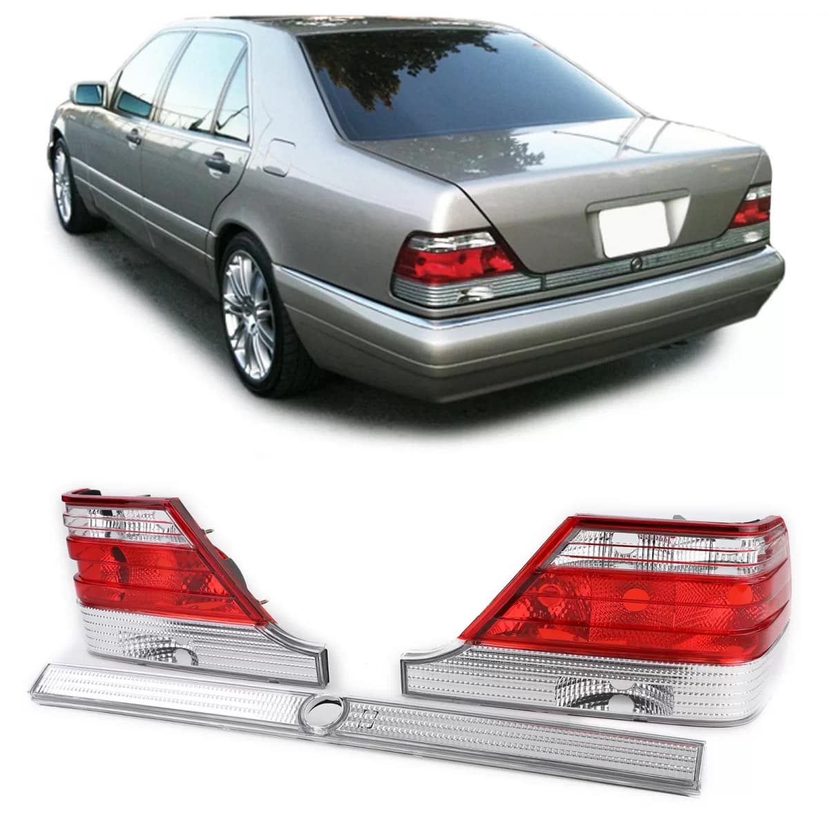 Clear glass tail lights with red clear lock strip for Mercedes S-Class W140 94-98