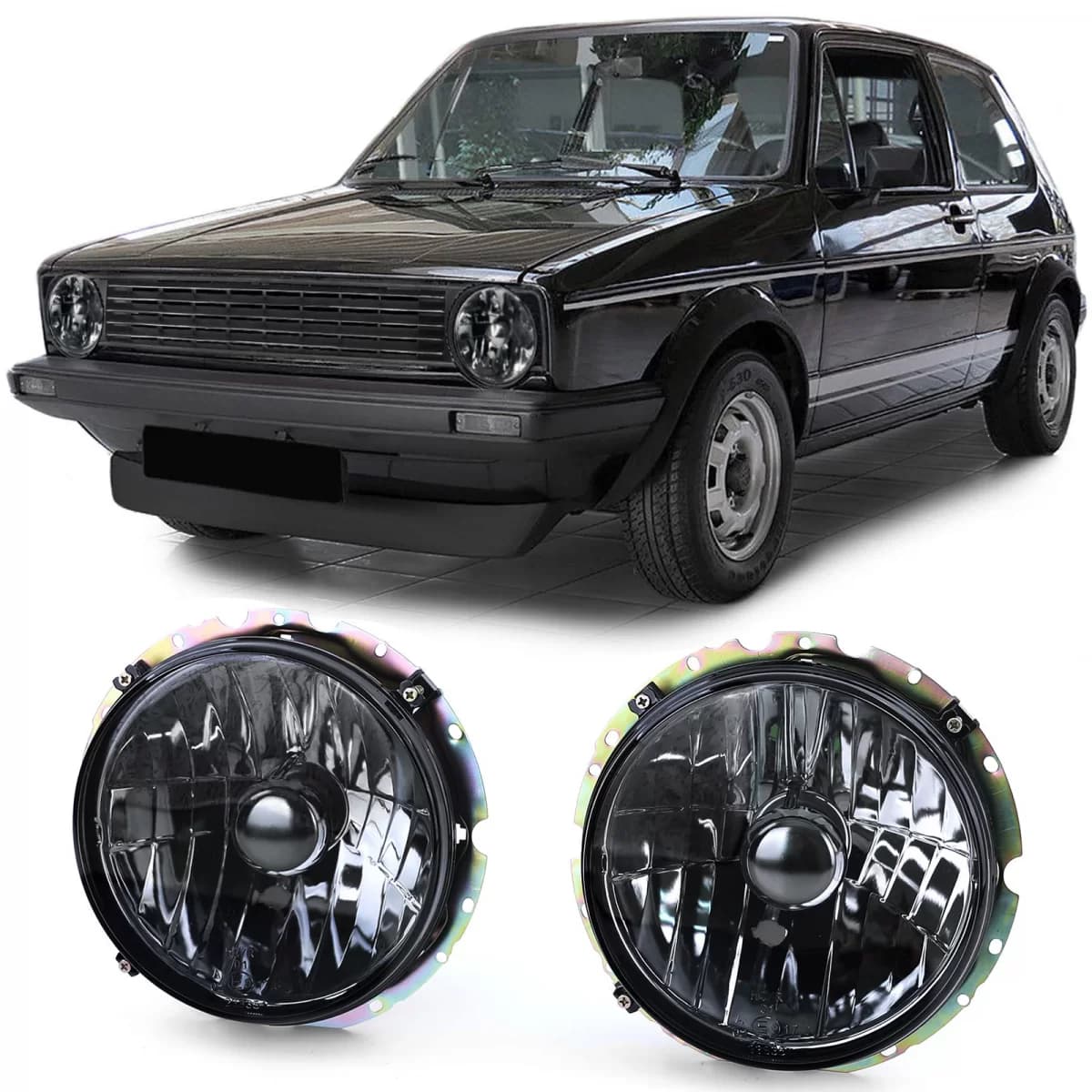Clear glass headlights black smoke H4 pair for VW Golf 1 + Cabrio 74-83