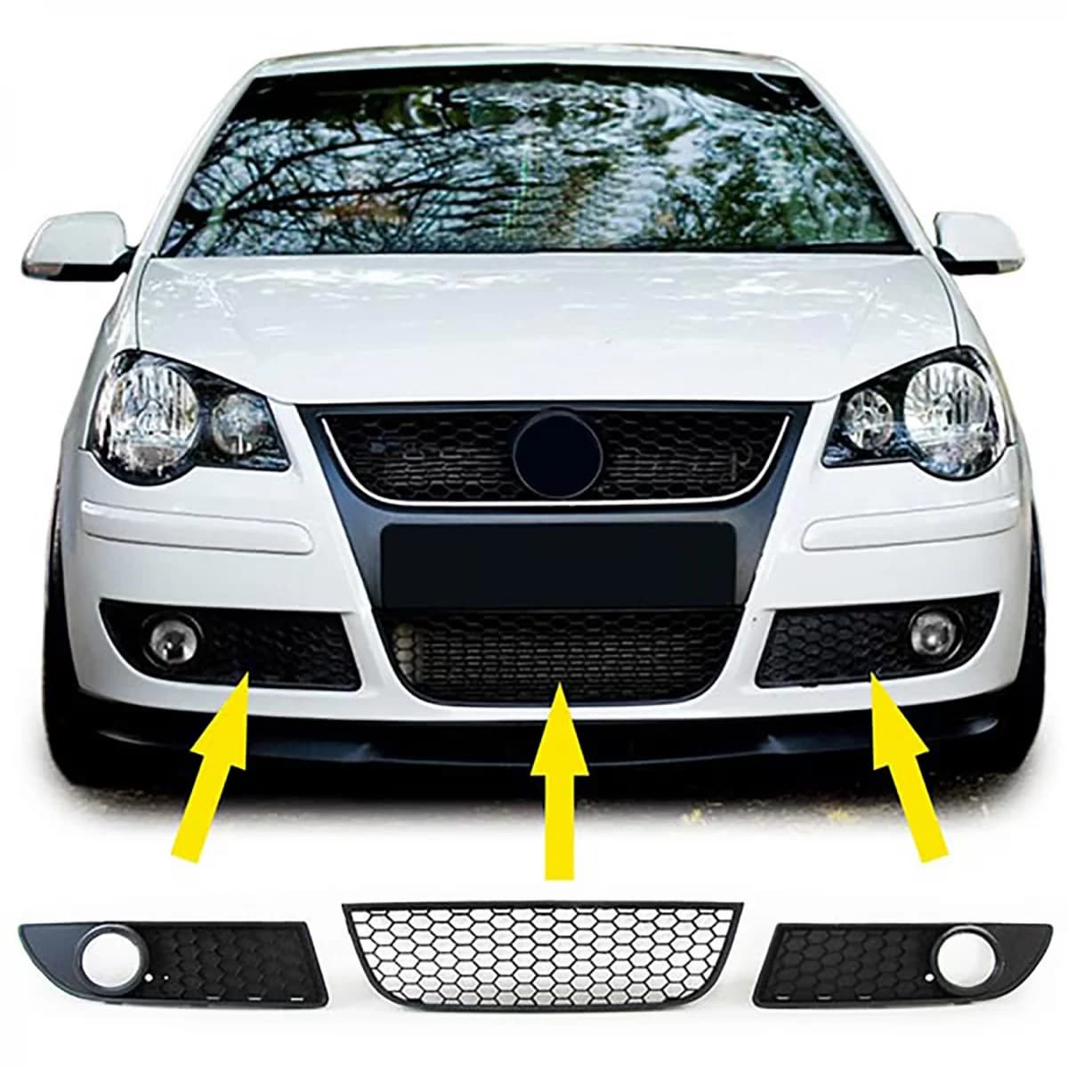 Honeycomb Grille Radiator Grille Insert + Fog Light Covers for VW Polo 9N3