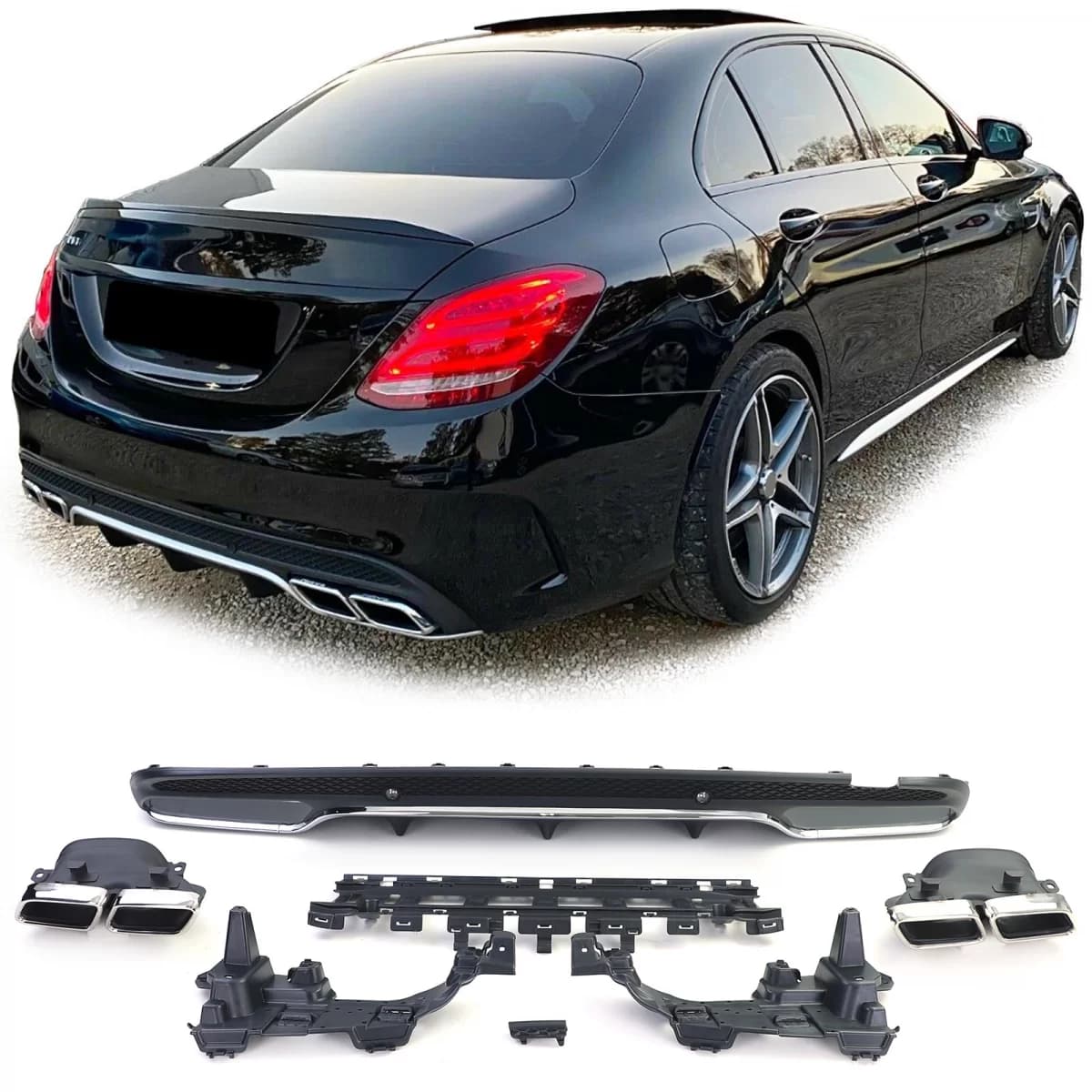 Sport rear diffuser with chrome tailpipes for Mercedes C W205 S205 sedan 14-18