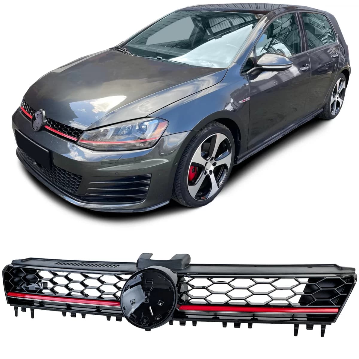 Sport honeycomb radiator grille black gloss with red trim for VW Golf 7 12-17 GTI