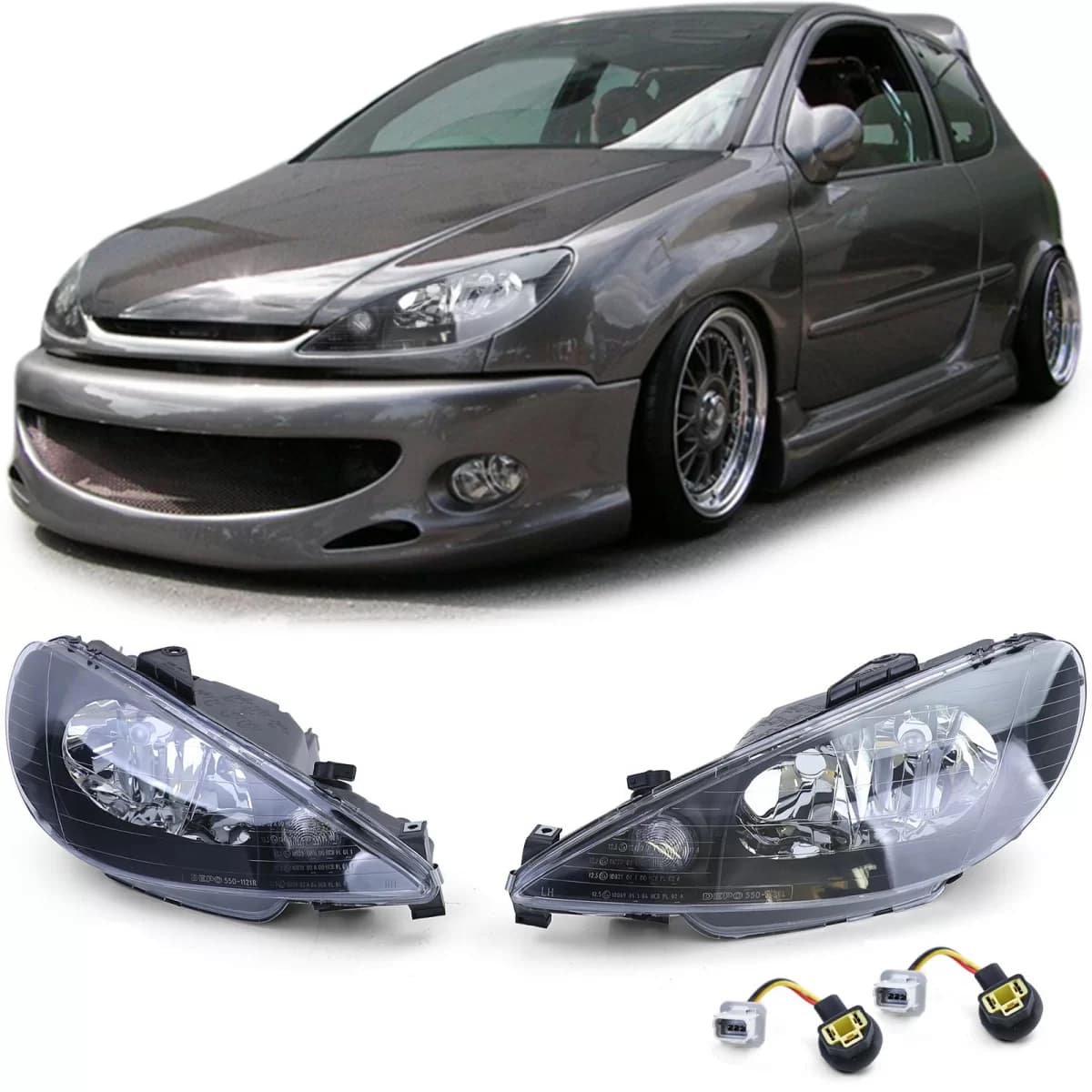 Clear Glass Headlights Black H7 H7 + Adapter for Peugeot 206 1998-2008