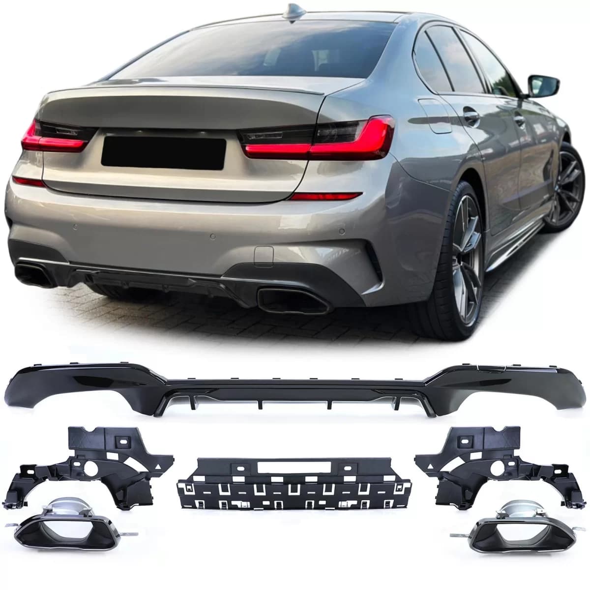 Sport rear diffuser gloss + tailpipes 340 look fits BMW 3 Series G20 G21 320 330