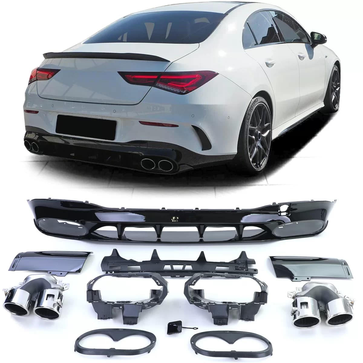 Sport rear diffuser gloss black with chrome tailpipes for Mercedes CLA C118 X118