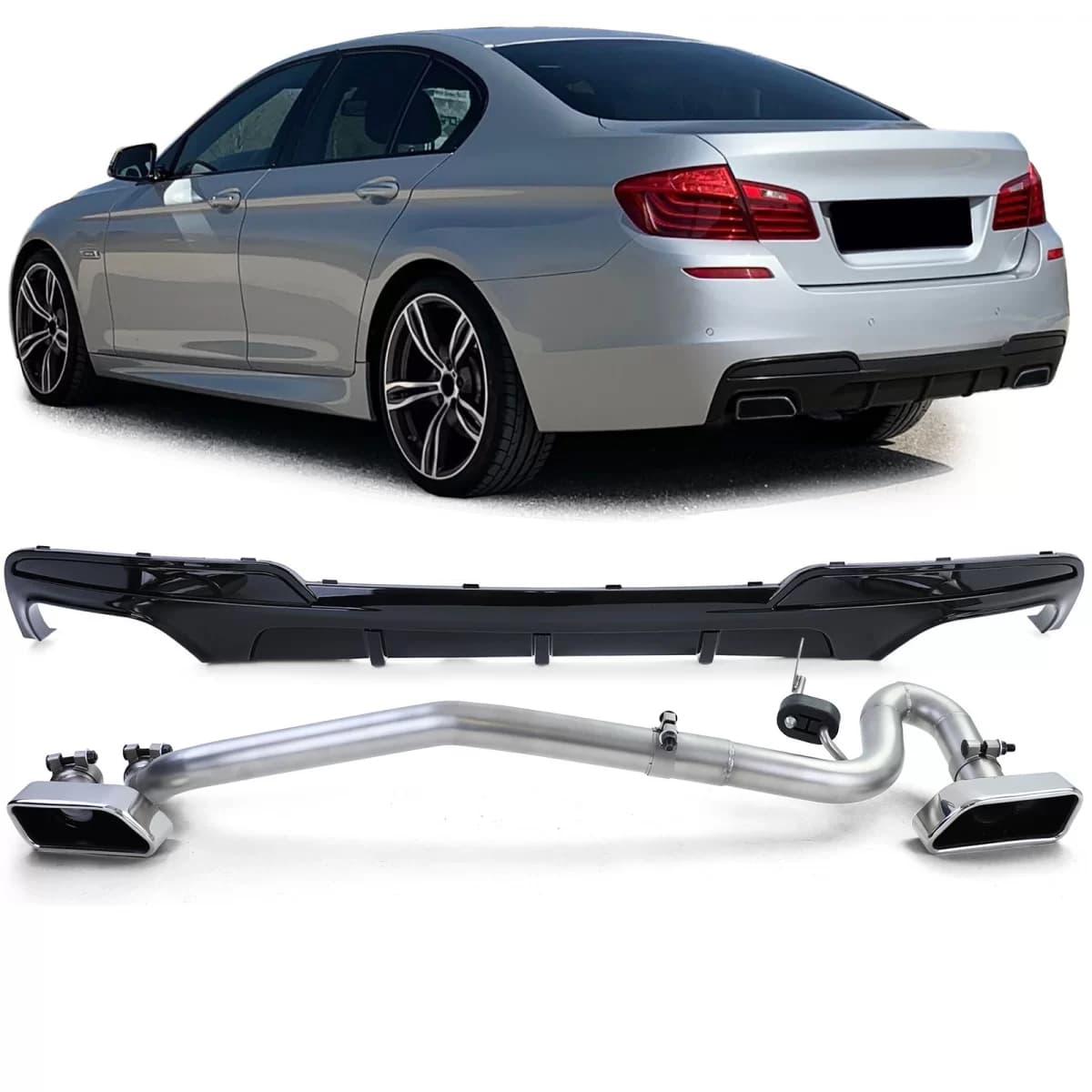 Rear diffuser gloss + duplex V8 tailpipe conversion fits BMW F10 F11 520 525 530