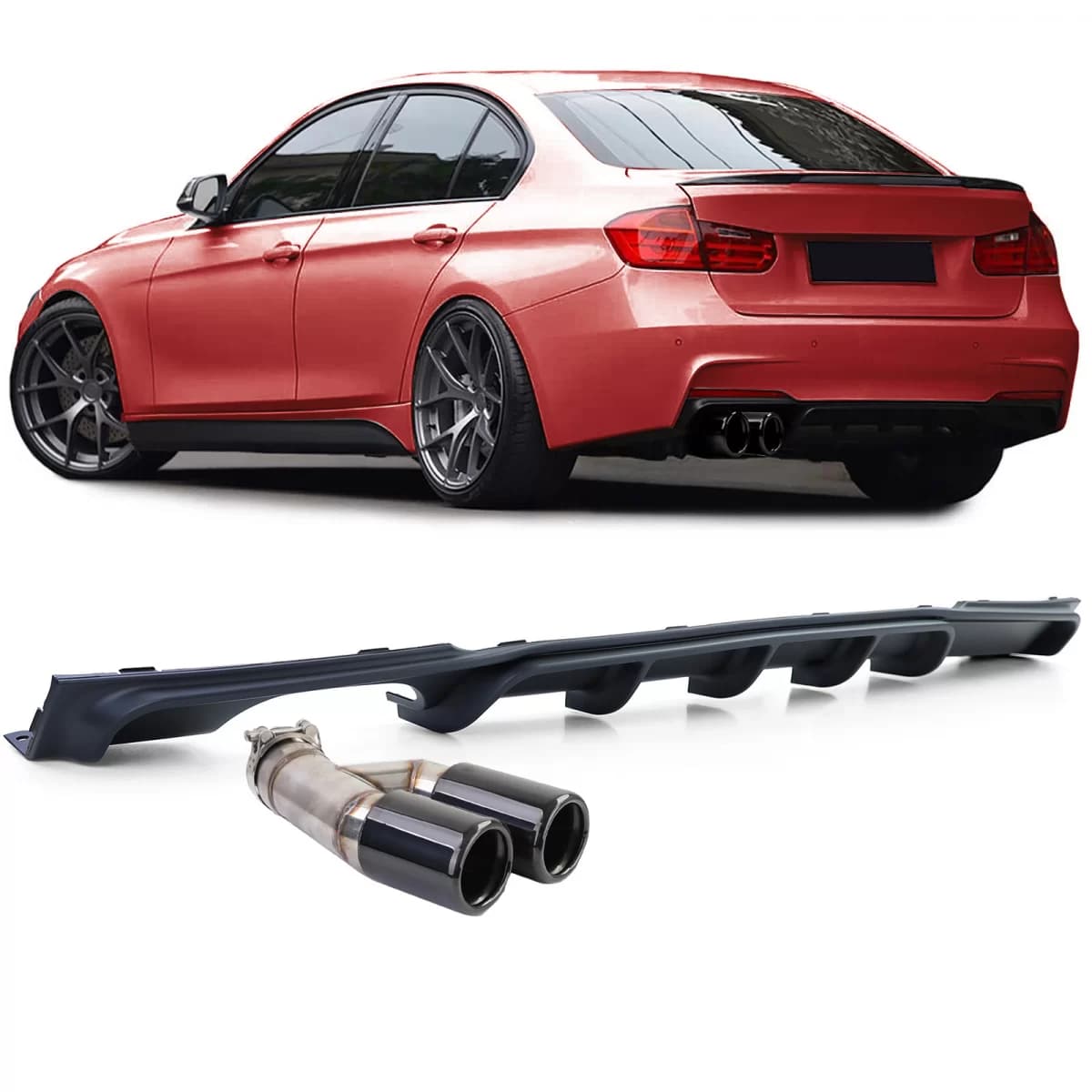 Rear diffuser matte + dual exhaust tailpipe black for BMW F30 F31 316i 318i 320i