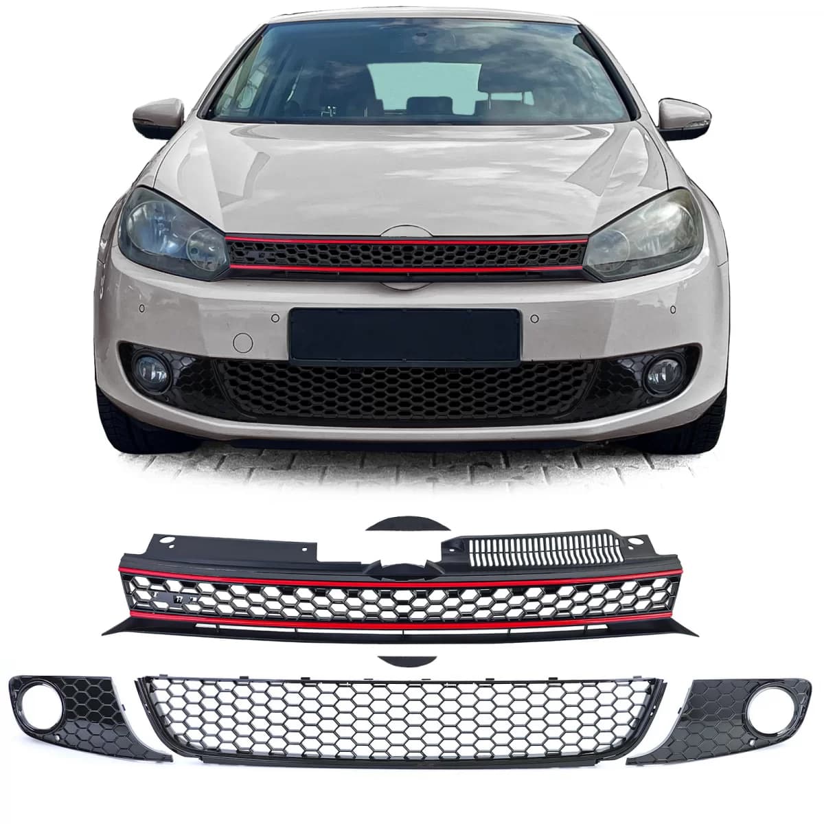 Honeycomb radiator grille without emblem + bumper grille GLOSSY for VW Golf 6 08-13