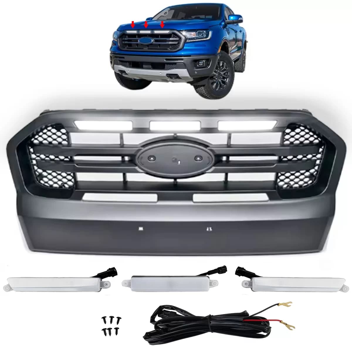 Grille with LED Black with Double Bar fits Ford Ranger T7 16-19