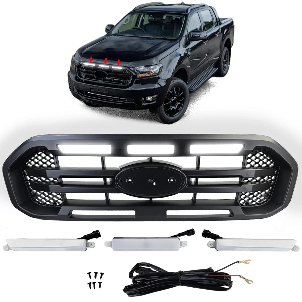Radiator grille black double bar with LED fits Ford Ranger T8 19-23 2.0 TDCi