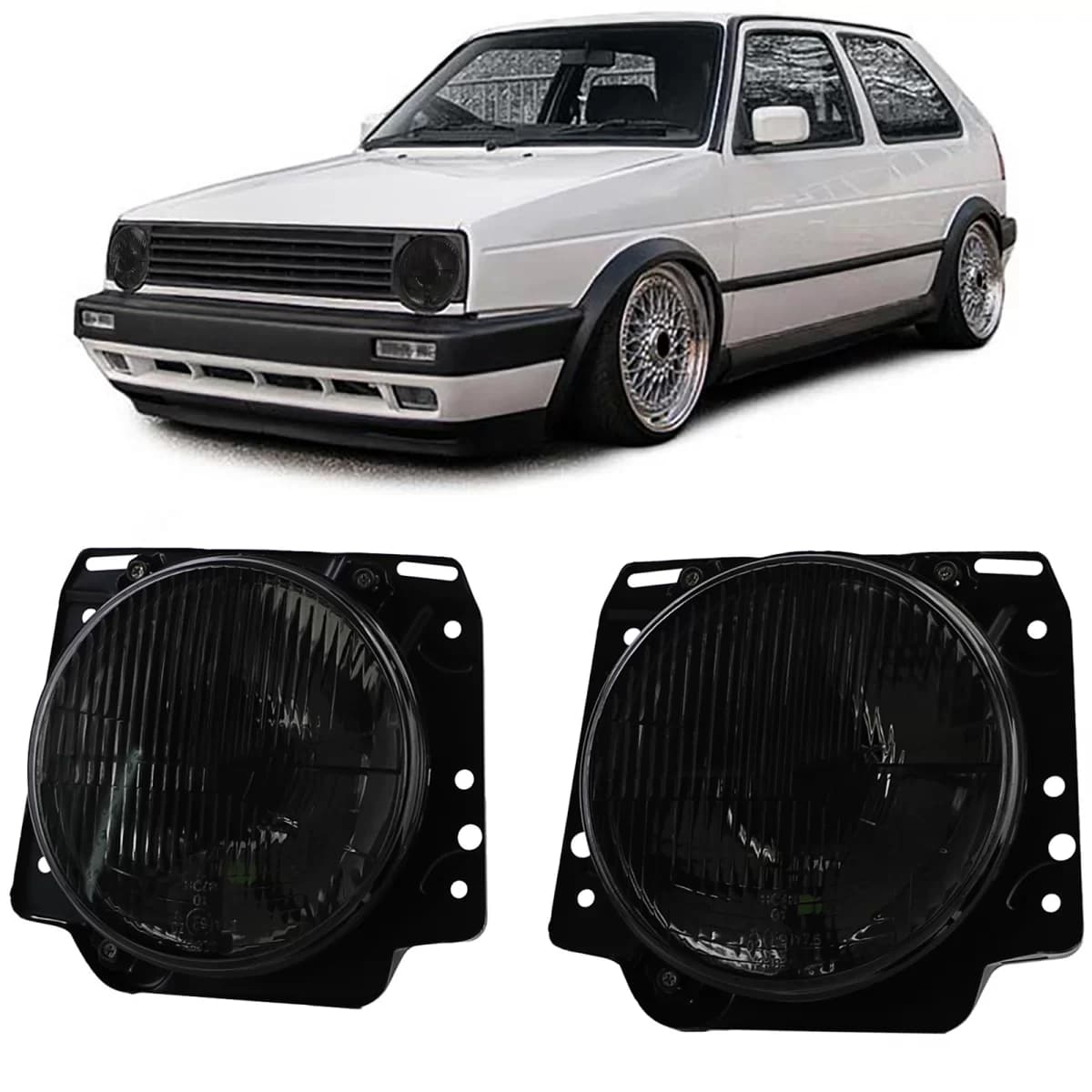 Headlights H4 Black Smoke ribbed with crosshair for VW Golf 2 83-91