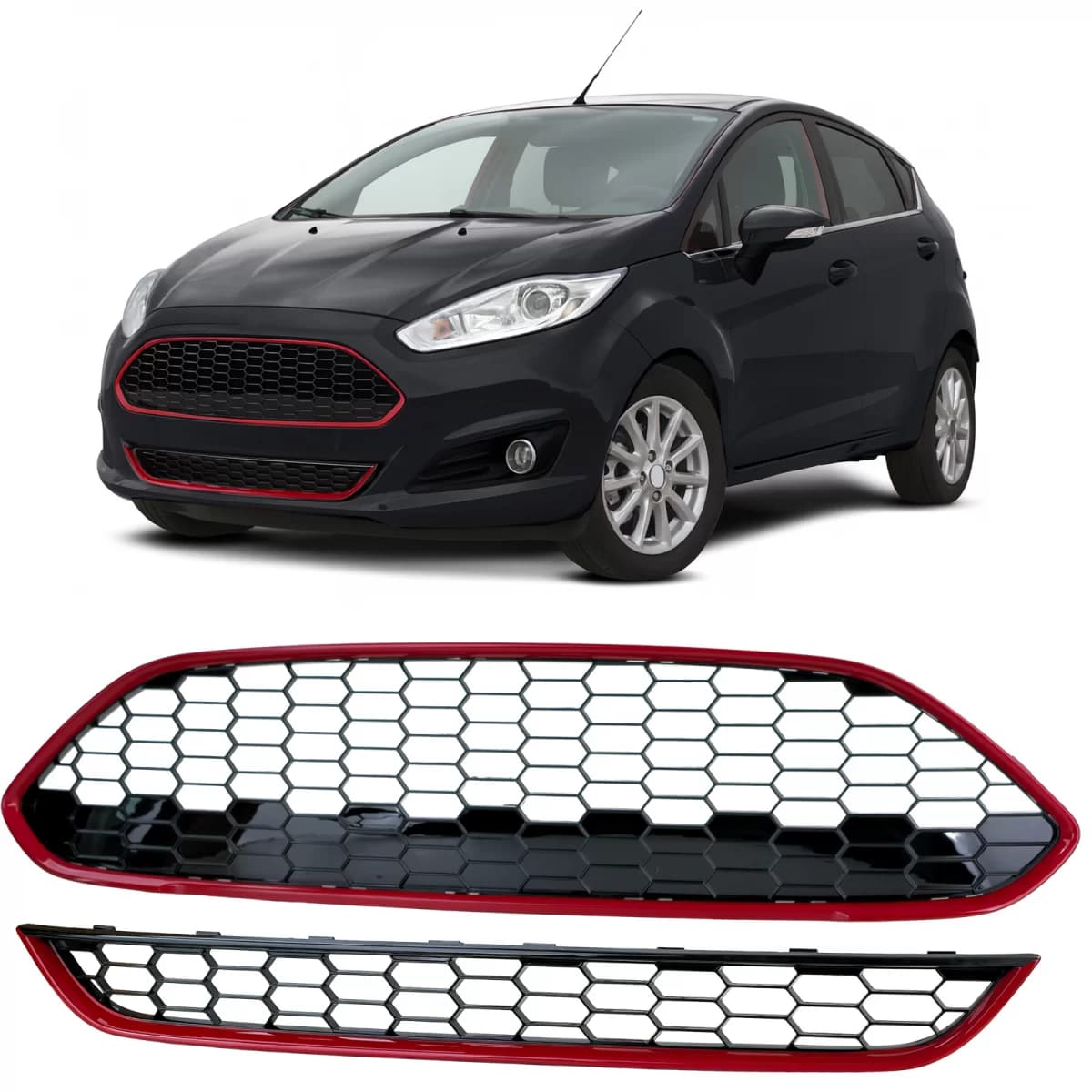 Radiator Grille Set ST Honeycomb Design Red Black Gloss for Ford Fiesta 2013–2017