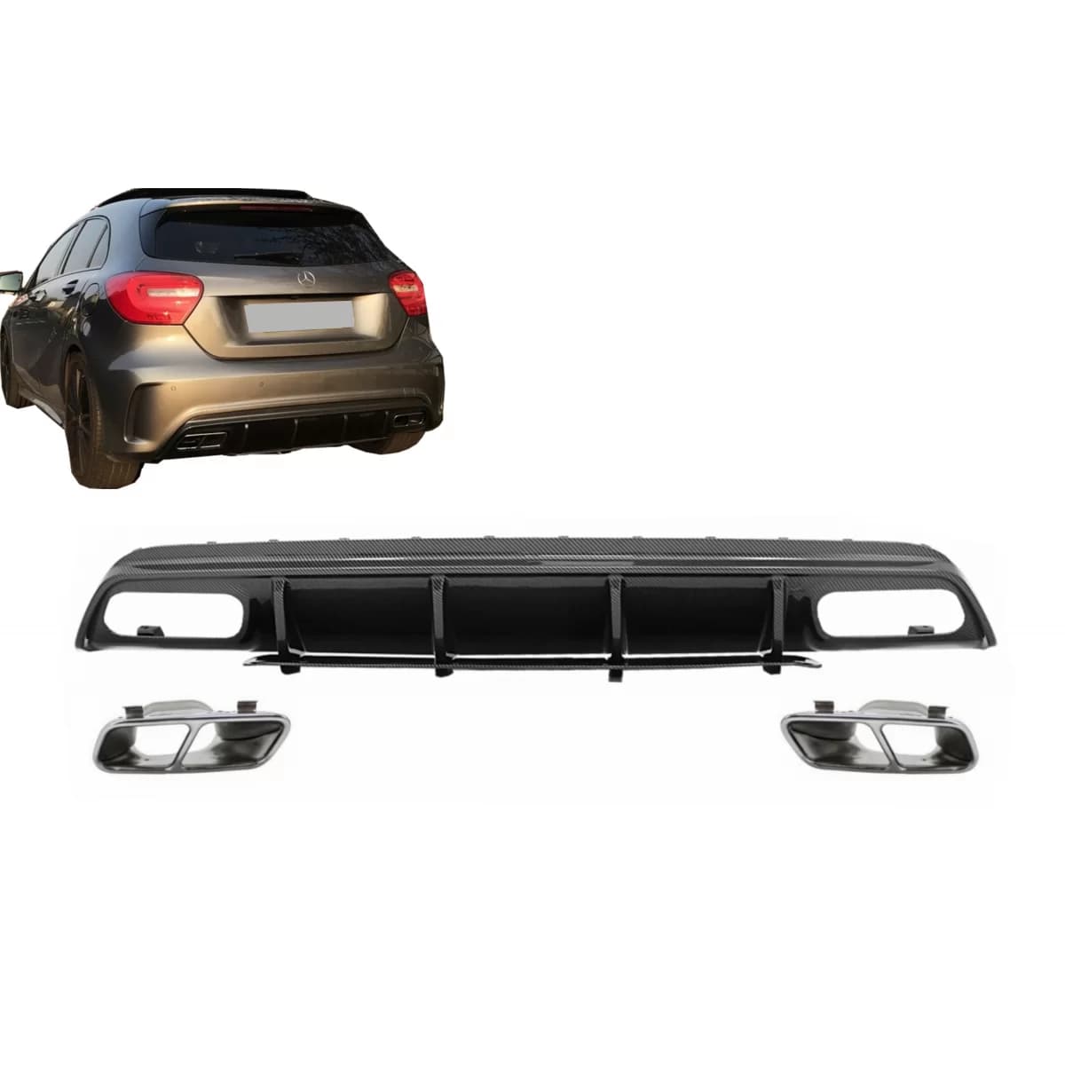 Rear Bumper Valance Diffuser with Exhaust Tips suitable for Mercedes A-Class W176 (2013-2018) A45 Facelift Design Carbon Film