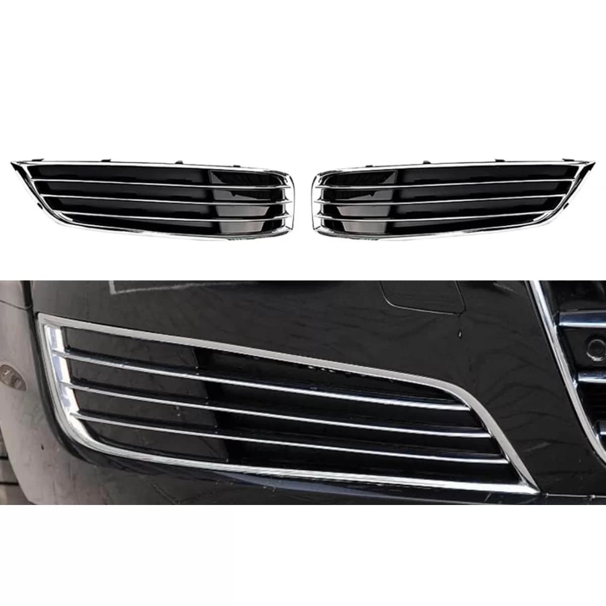 Side grille set without openings for front W12 bumper suitable for Audi A8 2009-2017 with chrome trim