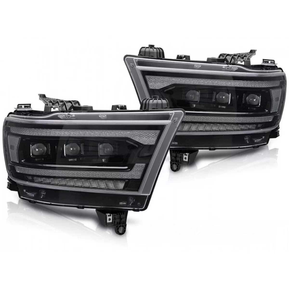 LED tuning headlight set suitable for Dodge Ram 1500 2019-2022 with black base, featuring dynamic turn signals, for the model with factory DRL lights, left and right