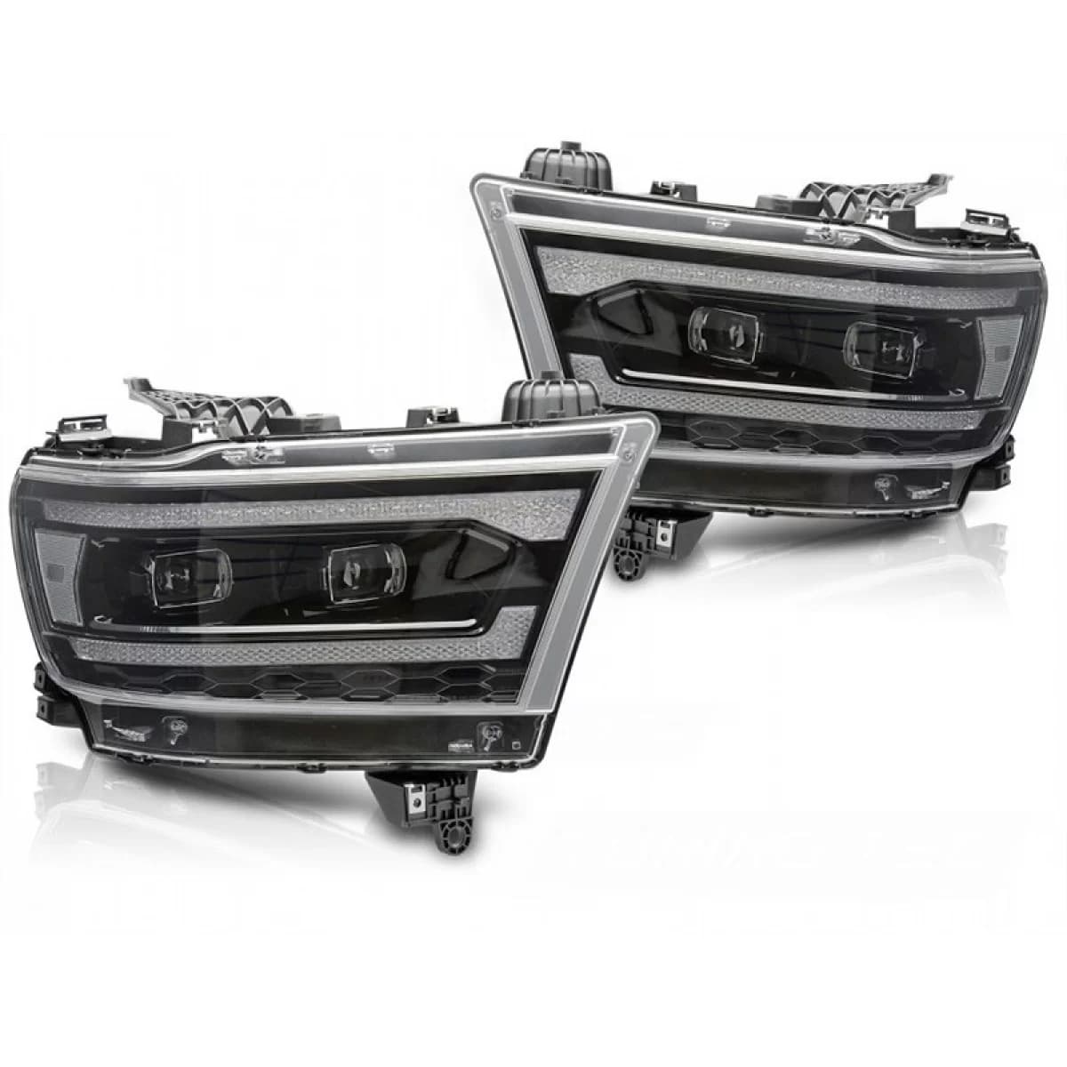 LED tuning headlight set suitable for Dodge Ram 1500 2019-2022 with black base, featuring dynamic turn signals, for the model with factory DRL lights, with "Welcome" function, left and right