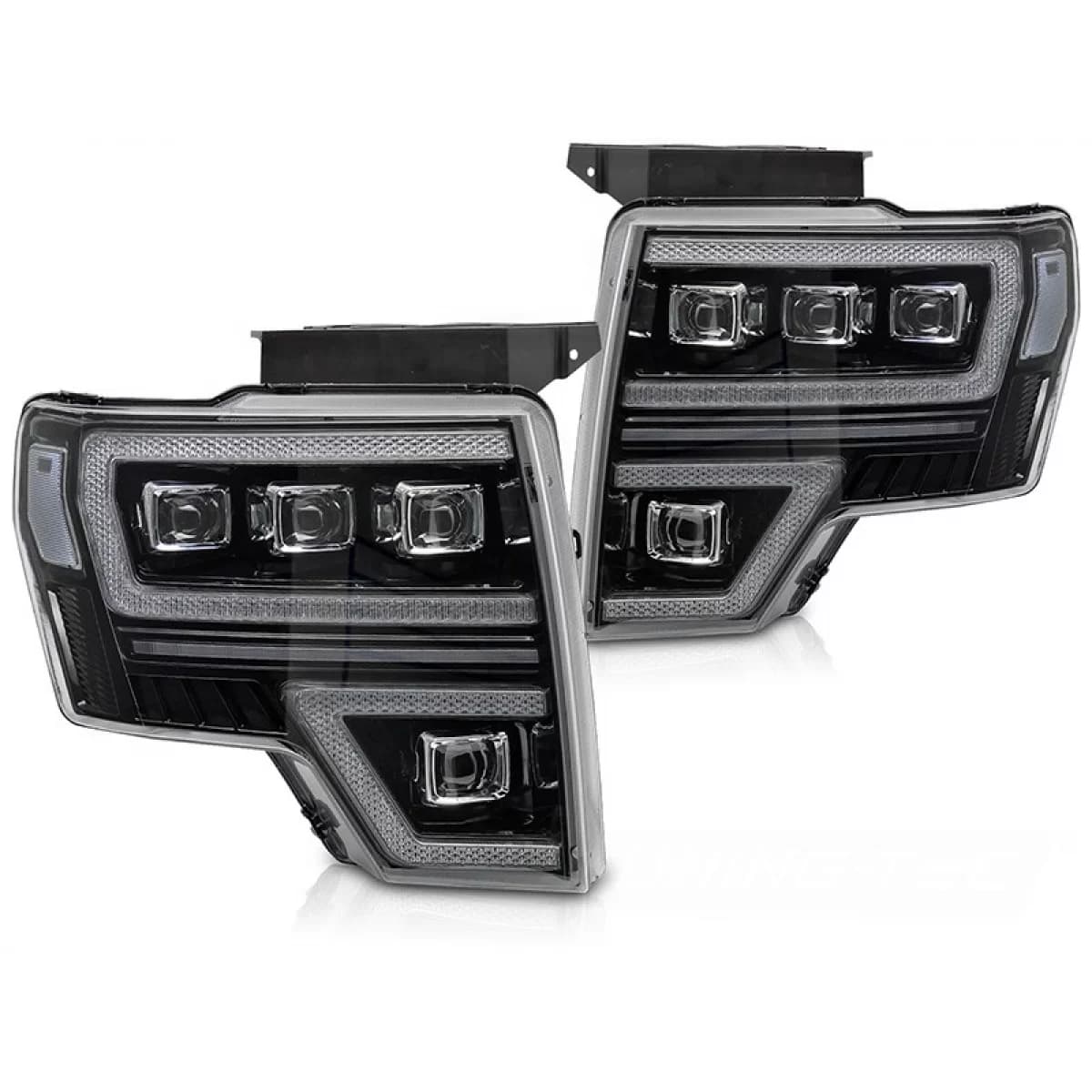 LED tuning headlight set suitable for Ford F150 2008-2014 with black base, for the model with factory DRL lights, with dynamic turn signals, with "Welcome" function, left and right