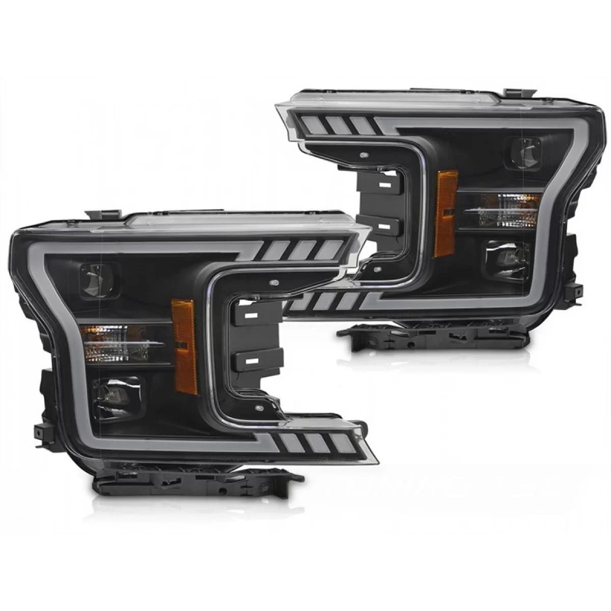 Tuning headlight set with LED light suitable for Ford F150 2017-2020 with black base, featuring dynamic turn signals, left and right