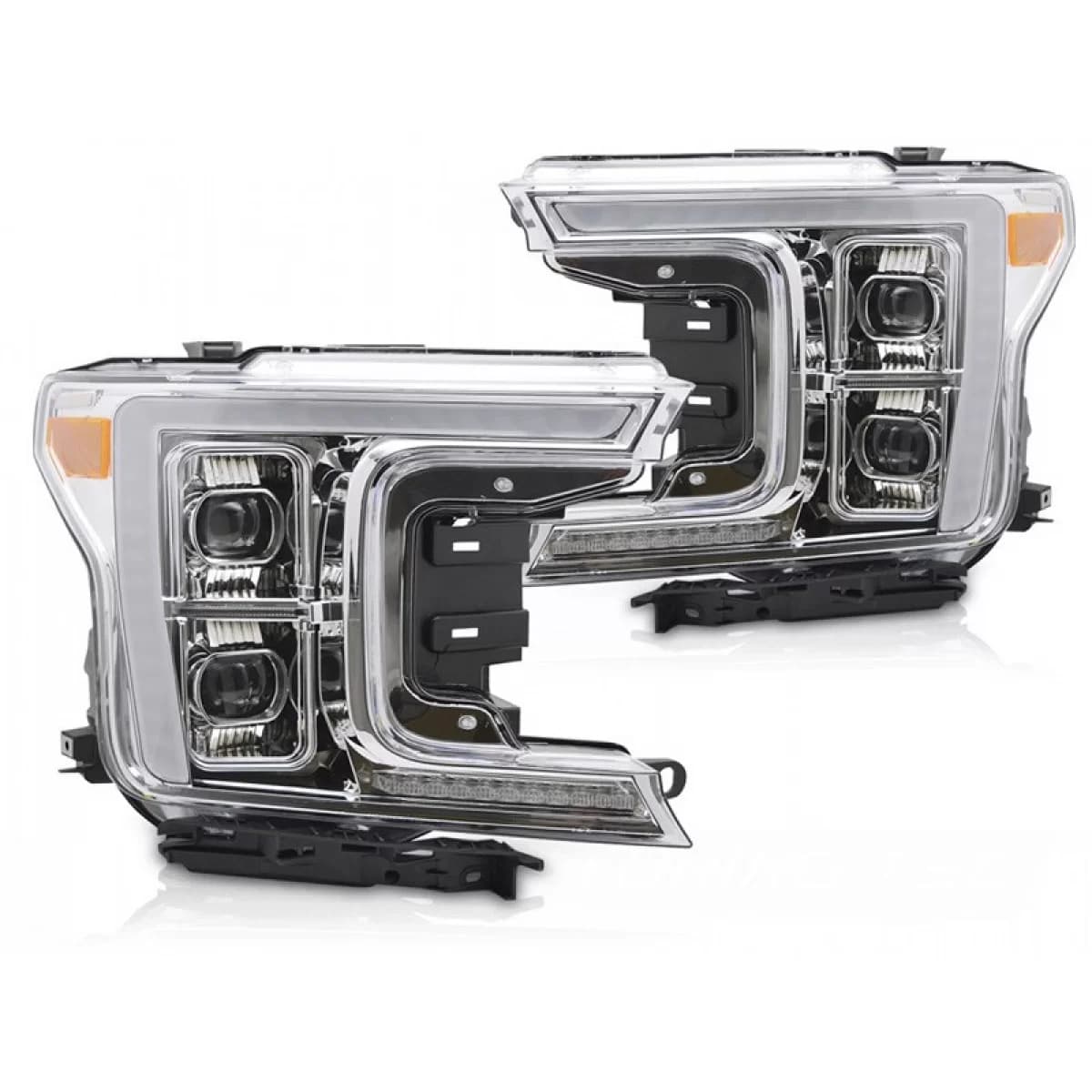 LED tuning headlight set suitable for Ford F150 2017-2020 with chrome base, featuring dynamic turn signals, left and right