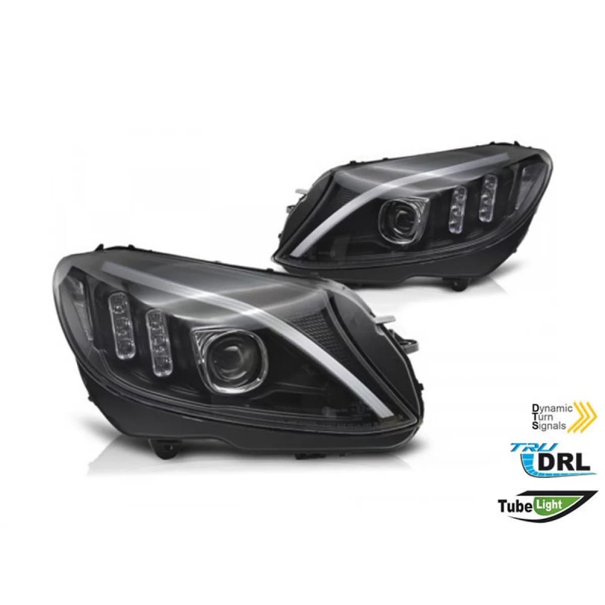 LED headlight set suitable for Mercedes C-Class W205 2014-2018 with black base, left and right, for the model with standard halogen headlights