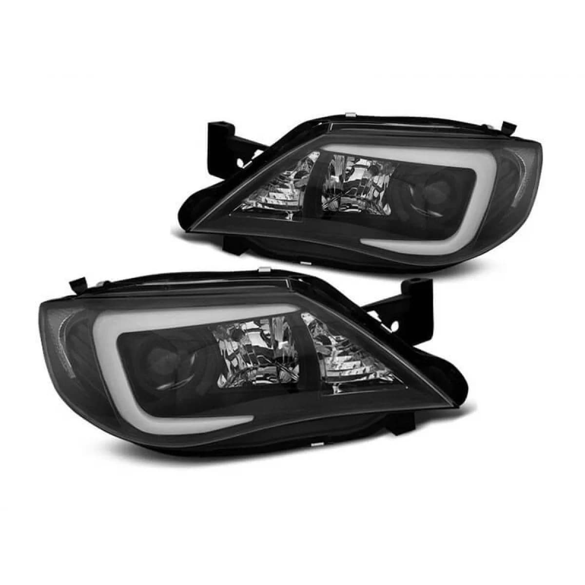 Xenon headlights with daytime running lights suitable for Subaru Impreza GH 2007-2012 with black base, left and right