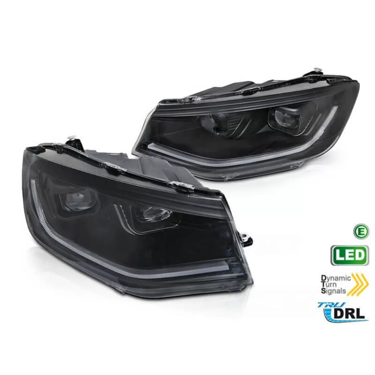 DRL headlight tuning kit suitable for Volkswagen Caddy after 2020 with black base, left and right, for the model with factory daytime running lights and halogen headlights.