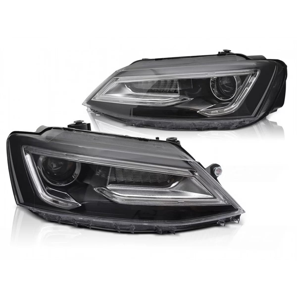 LED tuning headlight set suitable for Volkswagen Jetta 2011-2018 with black base, for the model with factory halogen lights, with dynamic turn signals, left and right