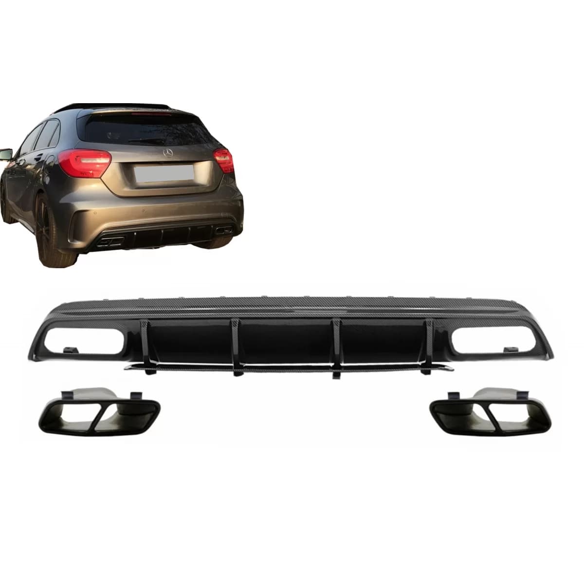Rear Bumper Valance Diffuser with Exhaust Tips suitable for Mercedes A-Class W176 (2013-2018) A45 Facelift Design Carbon Film