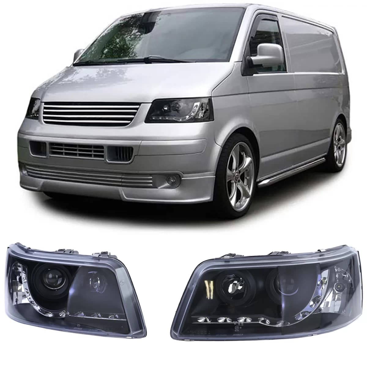 Headlights with LED daytime running light look Black for VW Transporter Bus T5 03-09