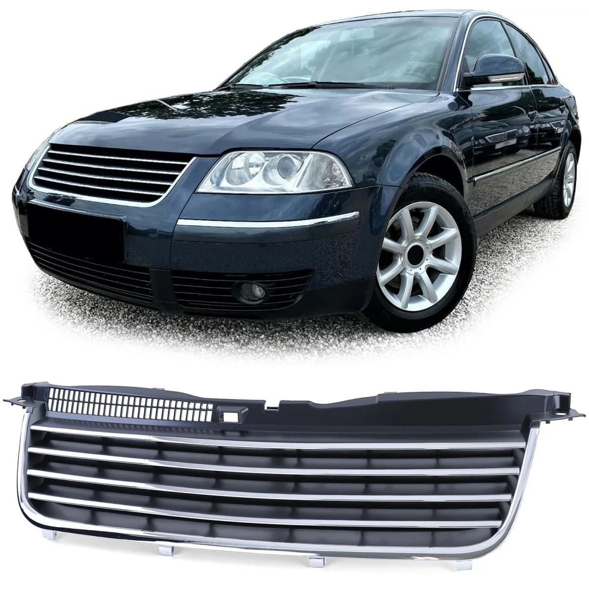 Radiator grille without emblem with chrome strips for VW Passat 3BG 00-05