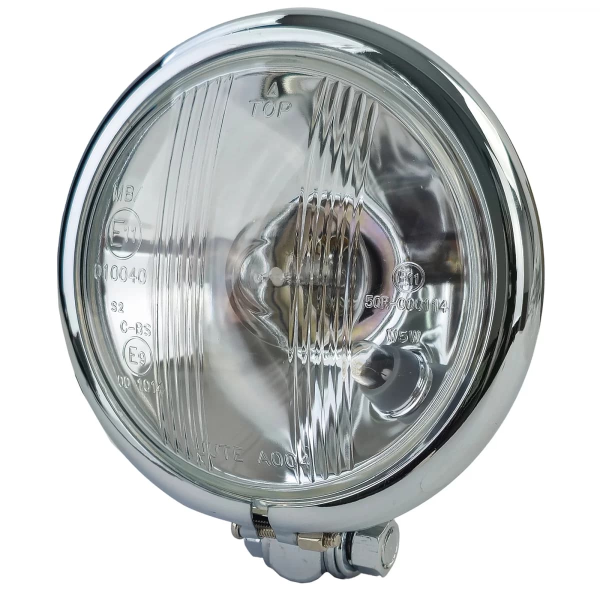 Chrome headlight 4.5" 11.5cm H4 E-approved 12V motorcycle universal 35/35W
