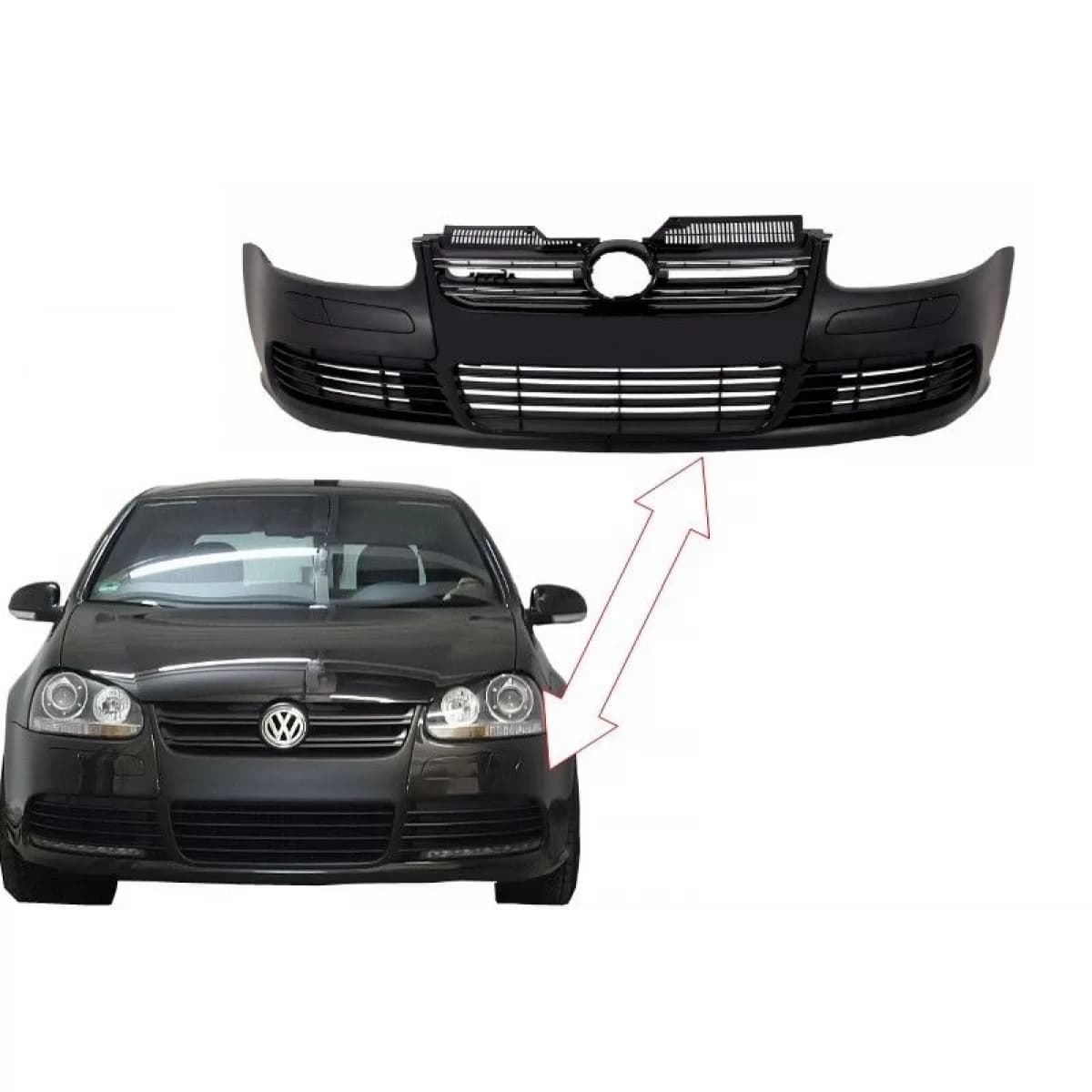 Front Bumper suitable for VW Golf V 5 (2003-2007) Jetta (2005-2010) R32 Piano Glossy Black Grille