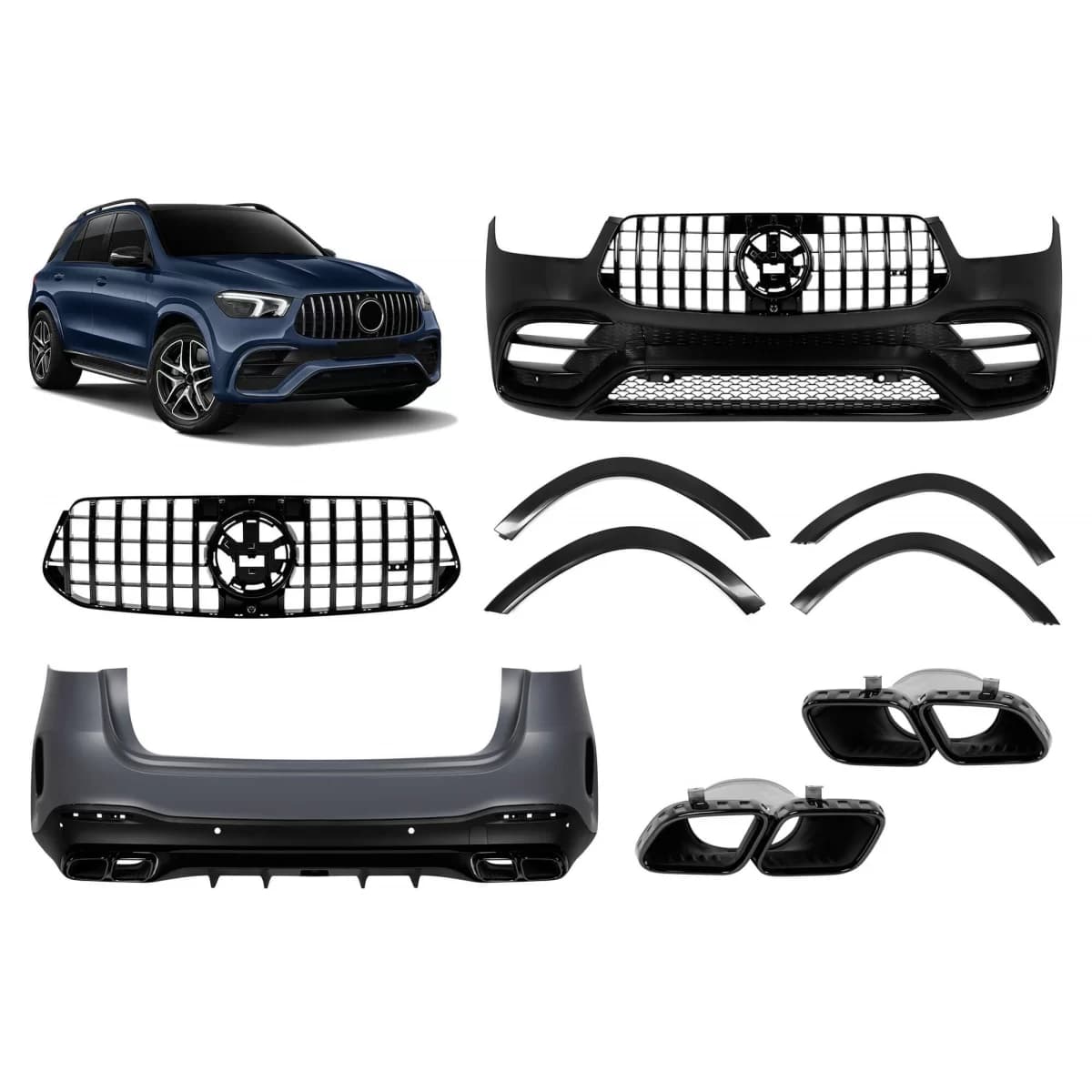 A Design package type GLE63 suitable for Mercedes GLE SUV W167 2018-2023, after 2024, with black trims and black tips