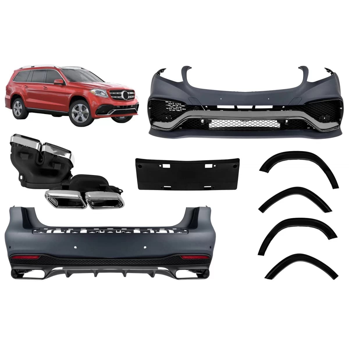 A Design package type 63 suitable for Mercedes GLS X166 2015-2018 with chrome elements and exhaust tips