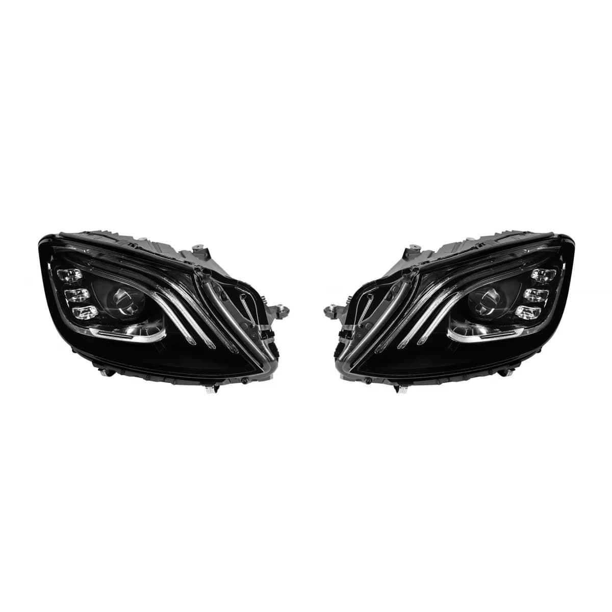 Tuning LED headlight kit suitable for Mercedes S-Class W222 2013-2017 with modules featuring an A Design package for facelift W222, black base, left and right.
