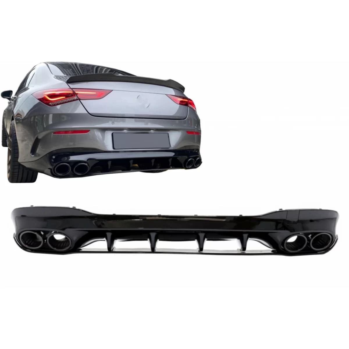 Rear Diffuser and Exhaust Tips suitable for Mercedes CLA X118 Shooting Brake C118 Coupe Sport Line (2019-06.2025) CLA45S Design Aerodynamic Night Package