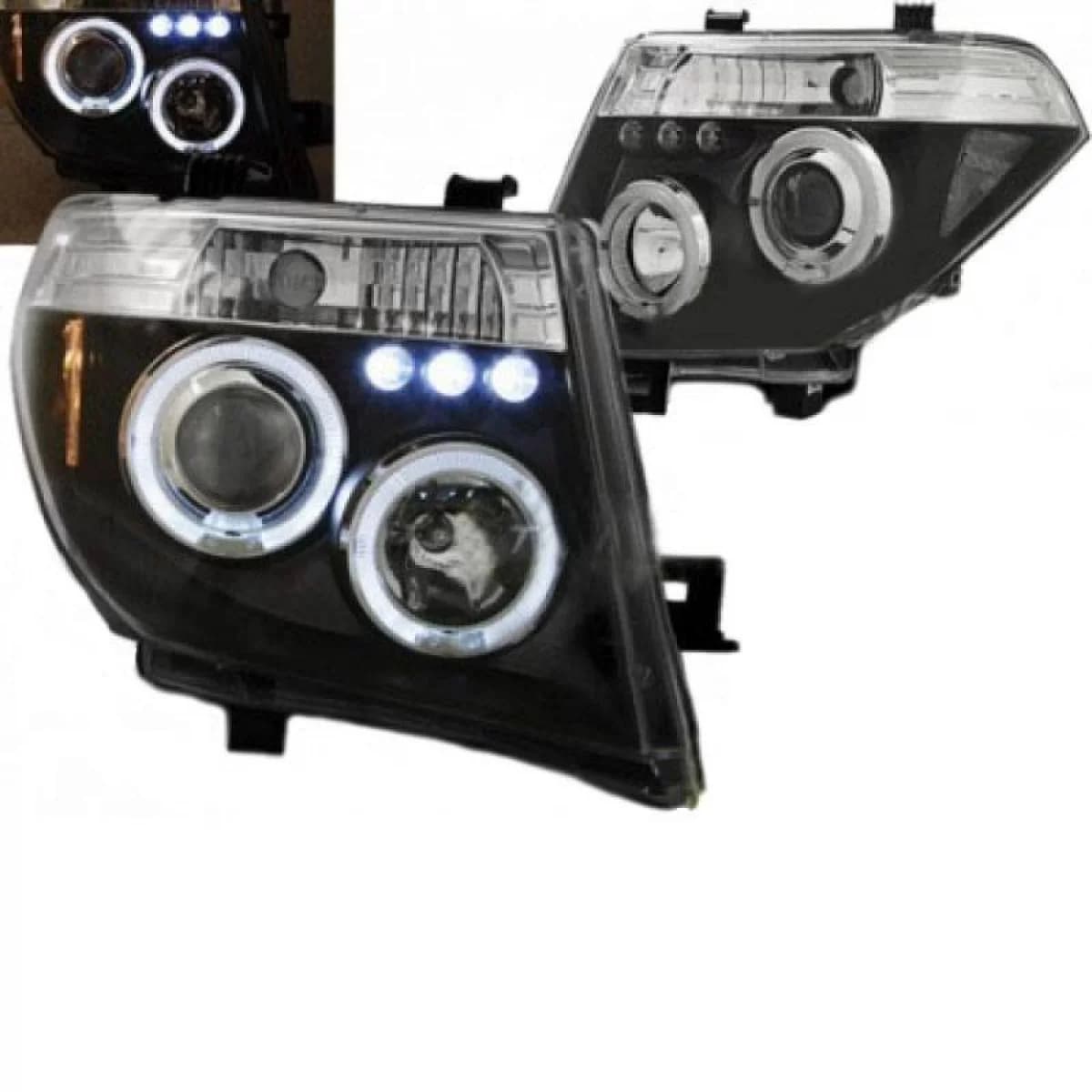 Headlights Set Suitable for Nissan Navara D40 05-10 Angel Eyes & Led Black H1/H1 Manual JunYan