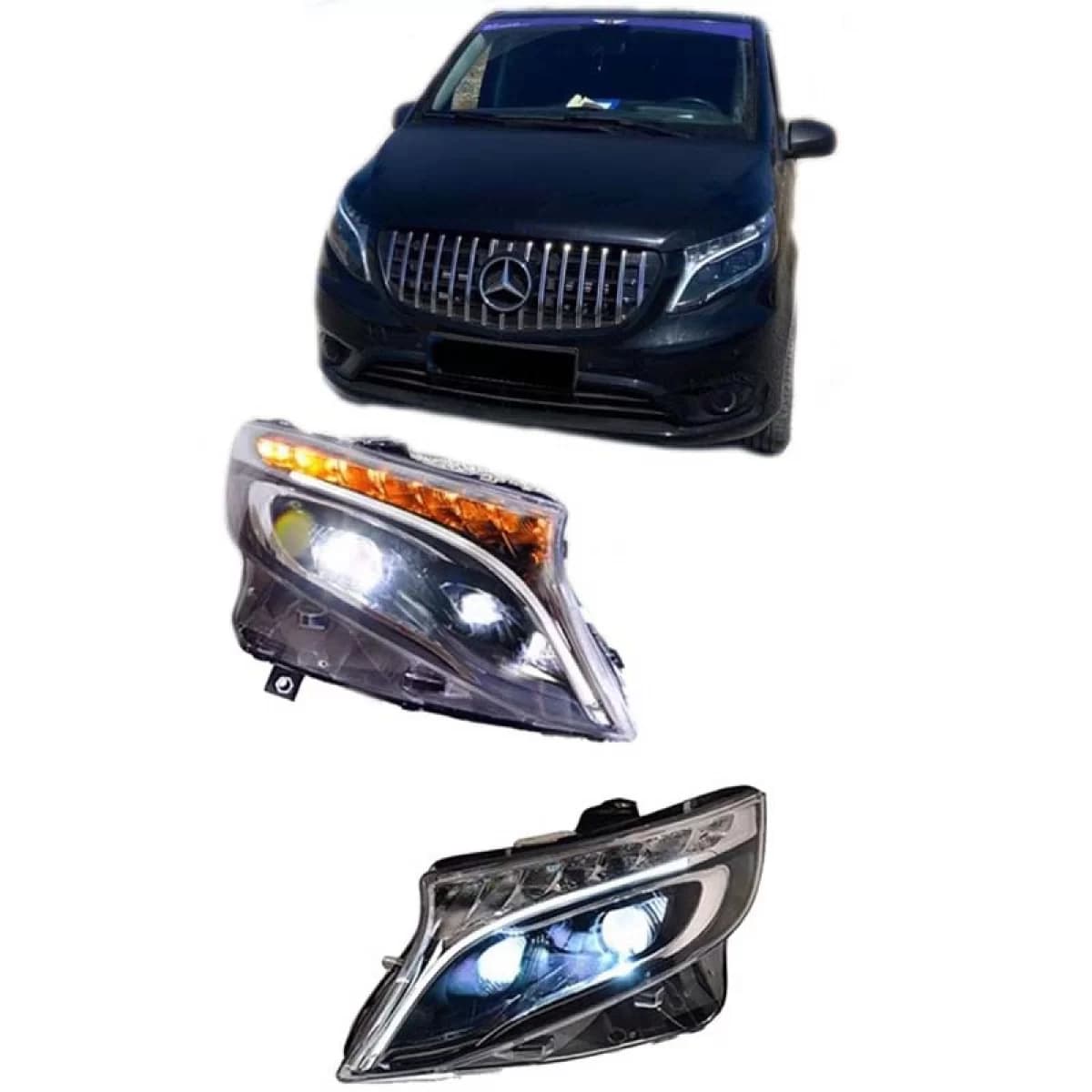 Headlights Set Suitable for Mercedes-Benz Vito W447 14+ DRL Led Tube & Led Signal Dynamic Black With Motor Carner
