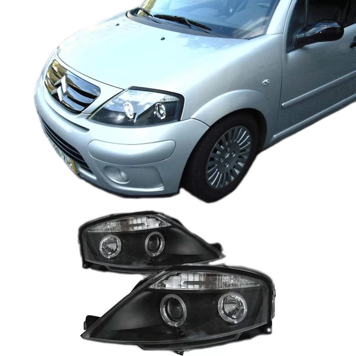 Headlights Set Suitable for Citroen C3 02-09 Angel Eyes Black H1/H1 Manual Sonar