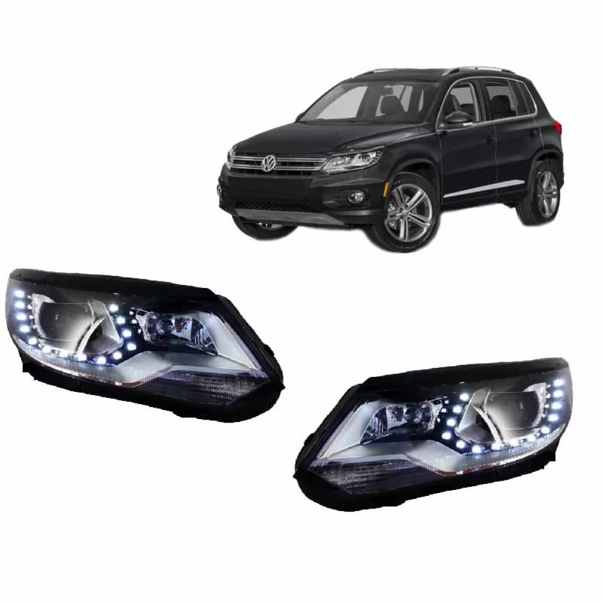 Headlights Set suitable for VW Tiguan mk1 11-15 DRL Black H7/H7 With Motor Carner