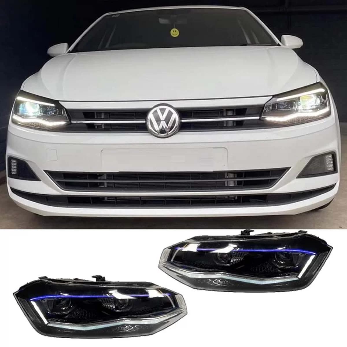 Headlights Set Suitable for VW Polo AW 17+ DRL LED Tube GTI Look Black/Silver Line Upgrade with Xenon with Motor Carrier