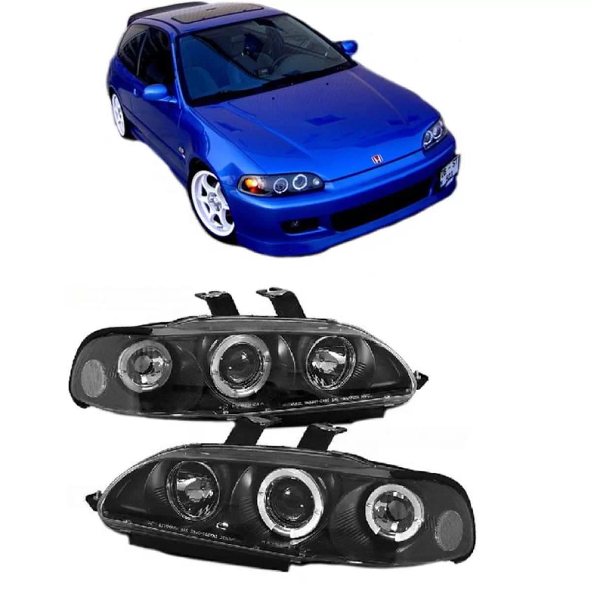 Headlights Set Suitable for Honda Civic 92-95 2D/3D Angel Eyes & Led Black H1/H1 Manual Sonar