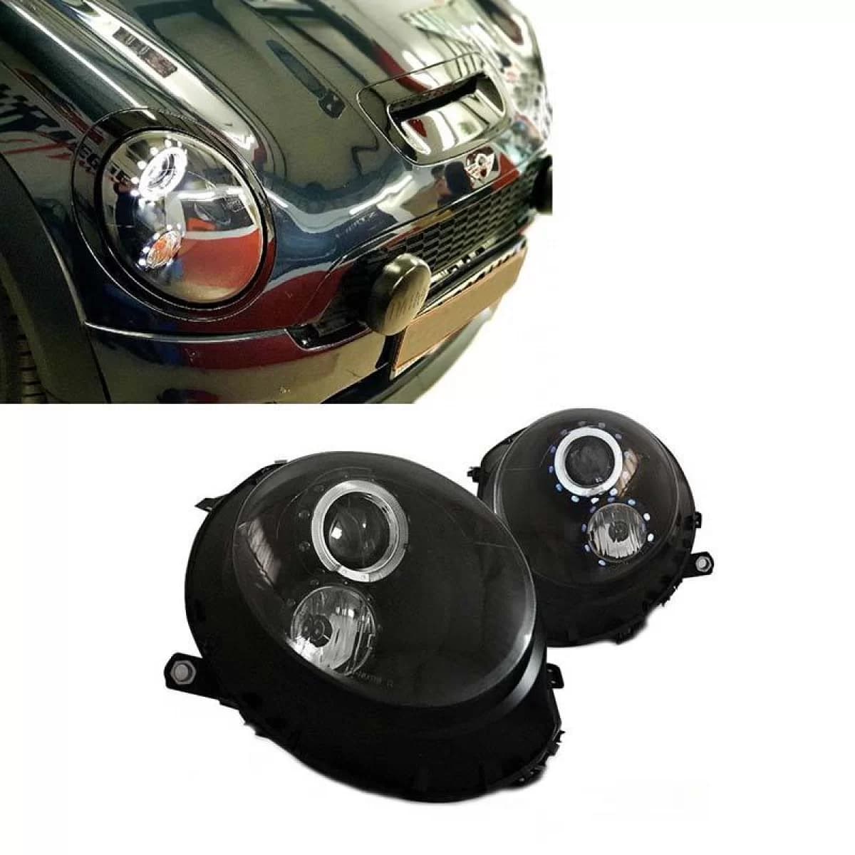 Headlights Set Suitable for Mini Cooper (R55/56/57/58/59) 06-13 Angel Eyes Black H9 With Motor JunYan