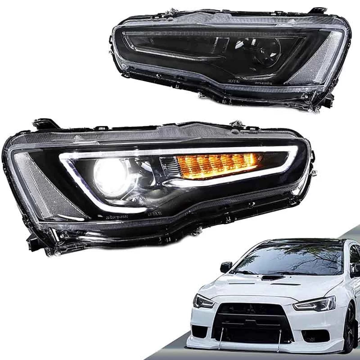 Headlights Set Suitable for Mitsubishi Lancer 07-17 DRL Led Tube & Dynamic Signal Black/Chrome H7 Manual VLAND