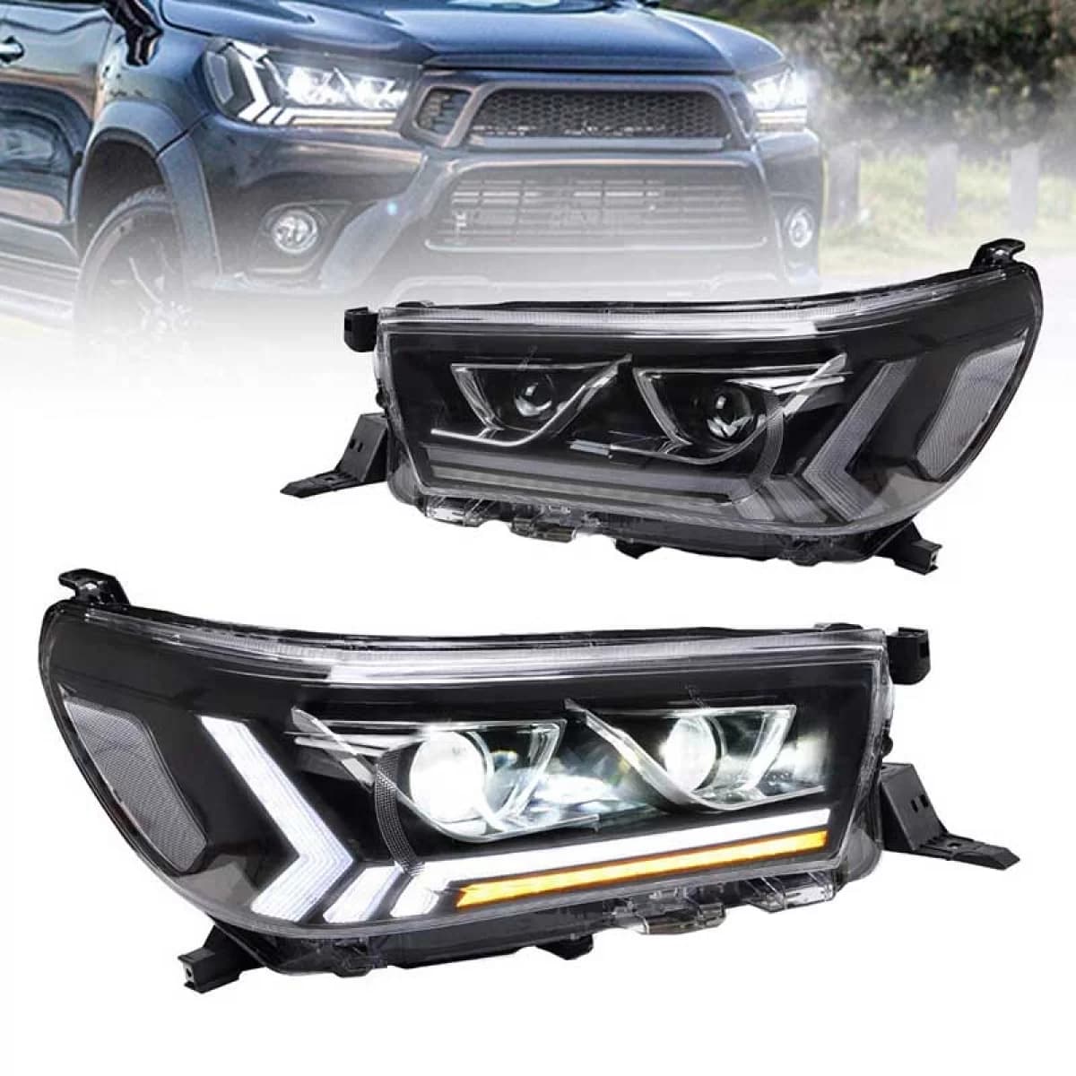 Headlights Set Suitable for Toyota Hilux Revo 15-19 With Dynamic Start DRL & Signal Black With Motor VLand