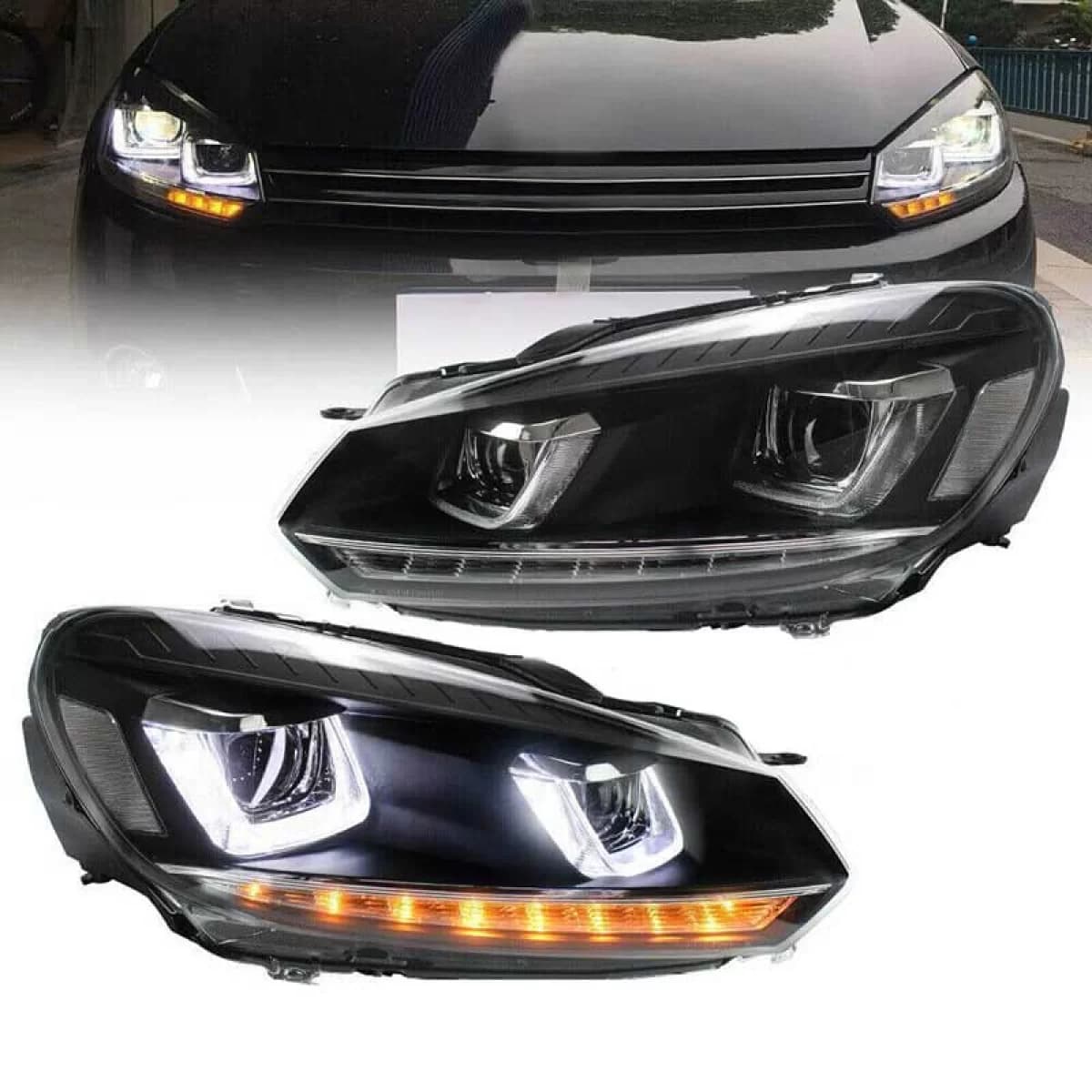 Headlights Set suitable for VW Golf VI (6) 08-12 DRL U-Type & Dynamic Signal Black H7/H7 With Motor VLand