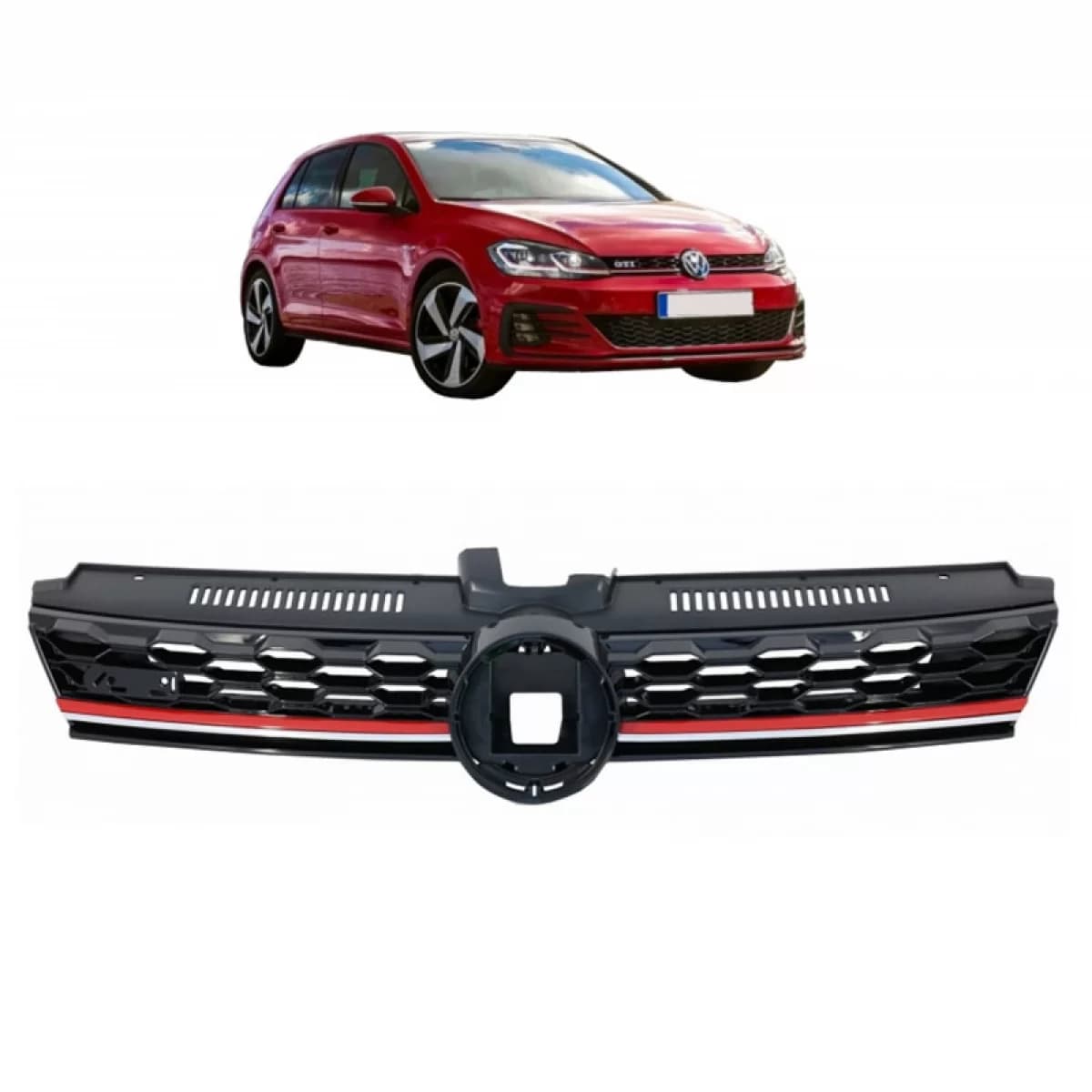 Front Grille suitable for VW Golf VII (7.5) 16-19 GTI Look Honeycomb with Red Line & Sensor Holder 1 Pc