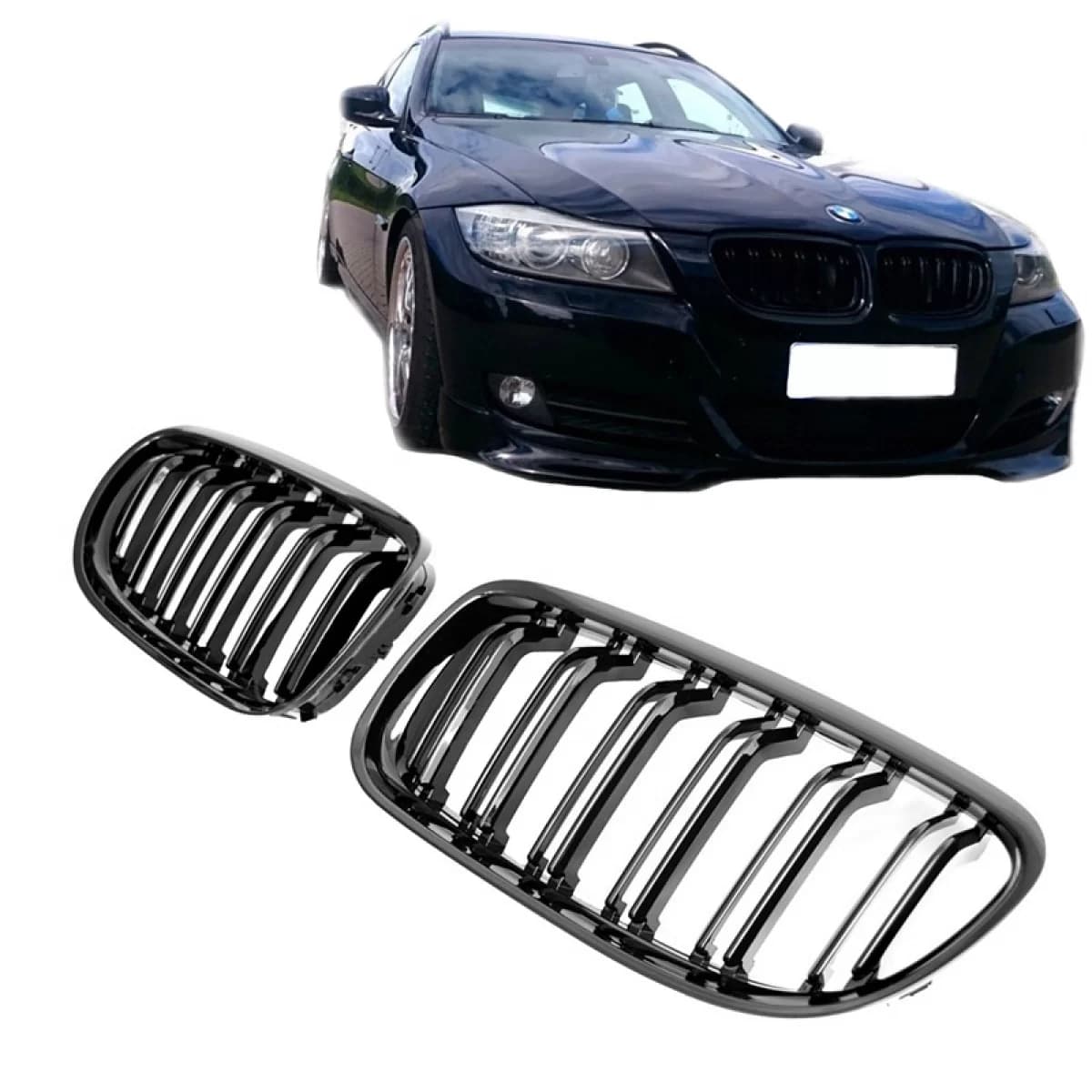 Front Grilles suitable for BMW 3 E90/E91 08-11 M4 Look with Double Grille Glossy Black 2 Pcs