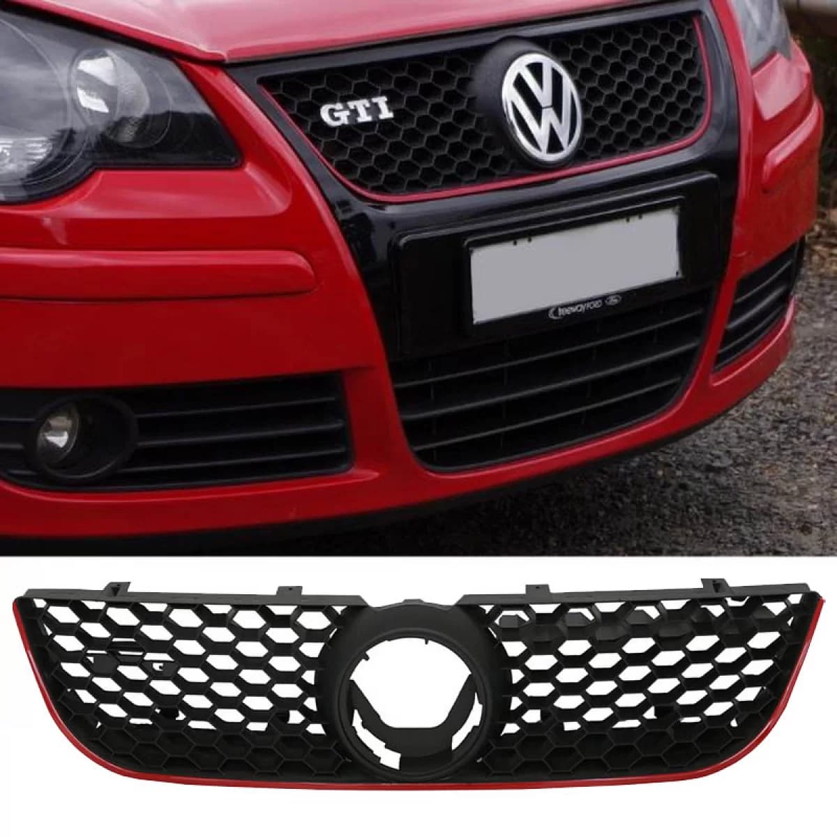 Front Grille suitable for VW Polo 9N3 05-09 GTI Look Honeycomb With Red Line 1 Pc
