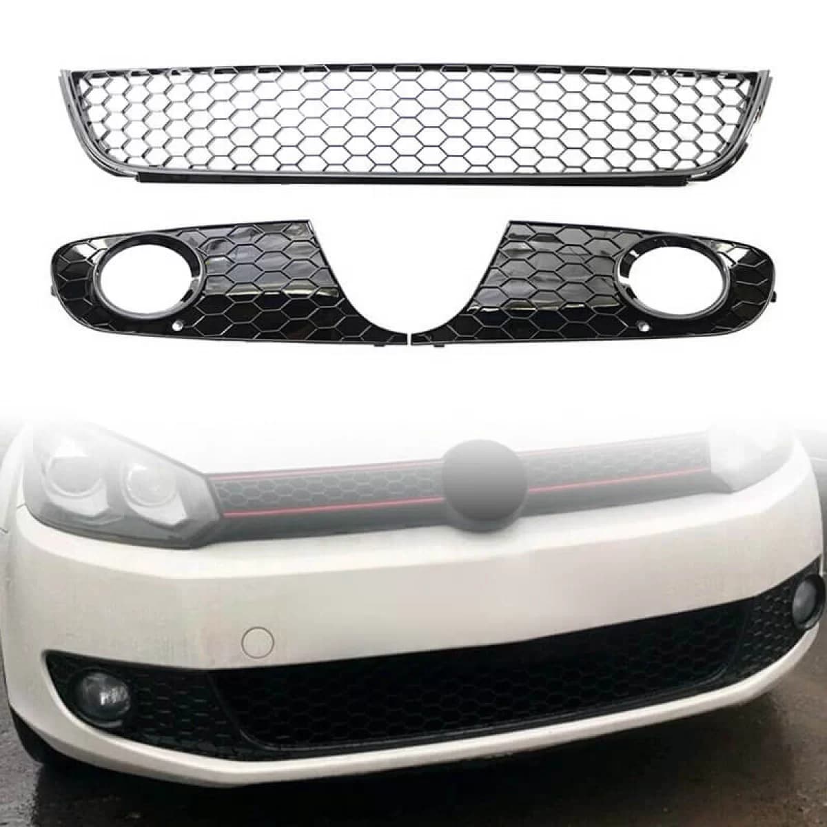 Front Bumper Side Grill Left - Right & Central suitable for VW Golf VI (6) 08-13 GTI Look Normal Version With Fog Lamp Hole Set 3 Pieces