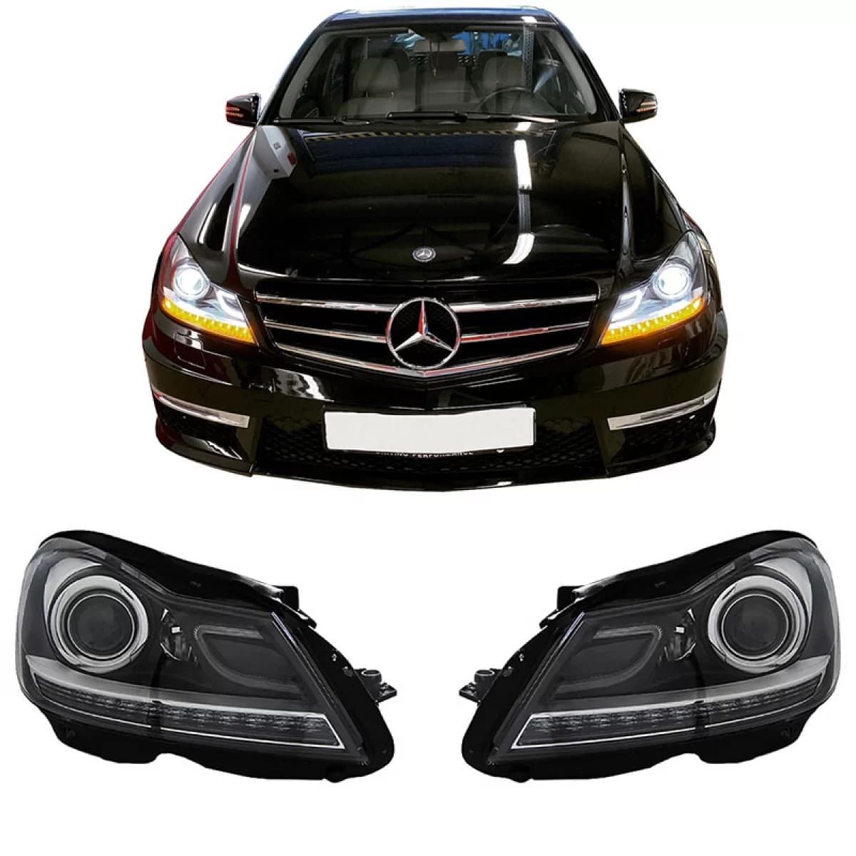 Headlights Set Suitable for Mercedes-Benz C-Class W204 11-14 DRL & Led Signal Black H7 With Motor